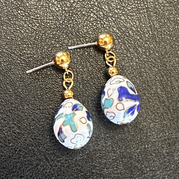 Vintage Cloisonné Enamel Drop Post Back Dangle Earrings - Picture 7 of 10
